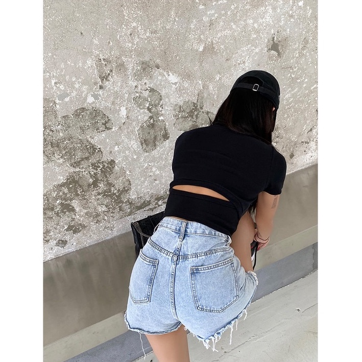 Porozi Áo Thun Nữ Ngắn Tay Hở Lưng Phong Cách Hàn Quốc