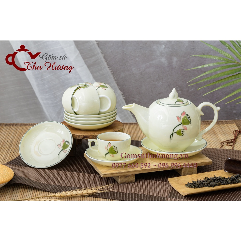 ấm chén Bát Tràng_Bộ trà chóp lửa men kem vẽ đài sen