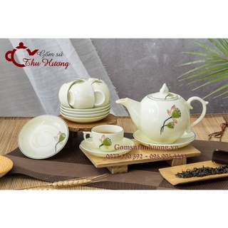 Ấm chén Bát Tràng_Bộ trà chóp lửa men kem vẽ đài sen