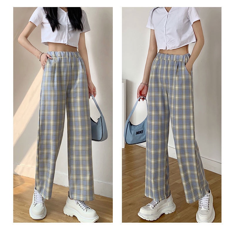 Quần Dài Ống Rộng Họa Tiết Caro Phong Cách Hàn Quốc Thời Trang Cho Nữ Size 37-82kg