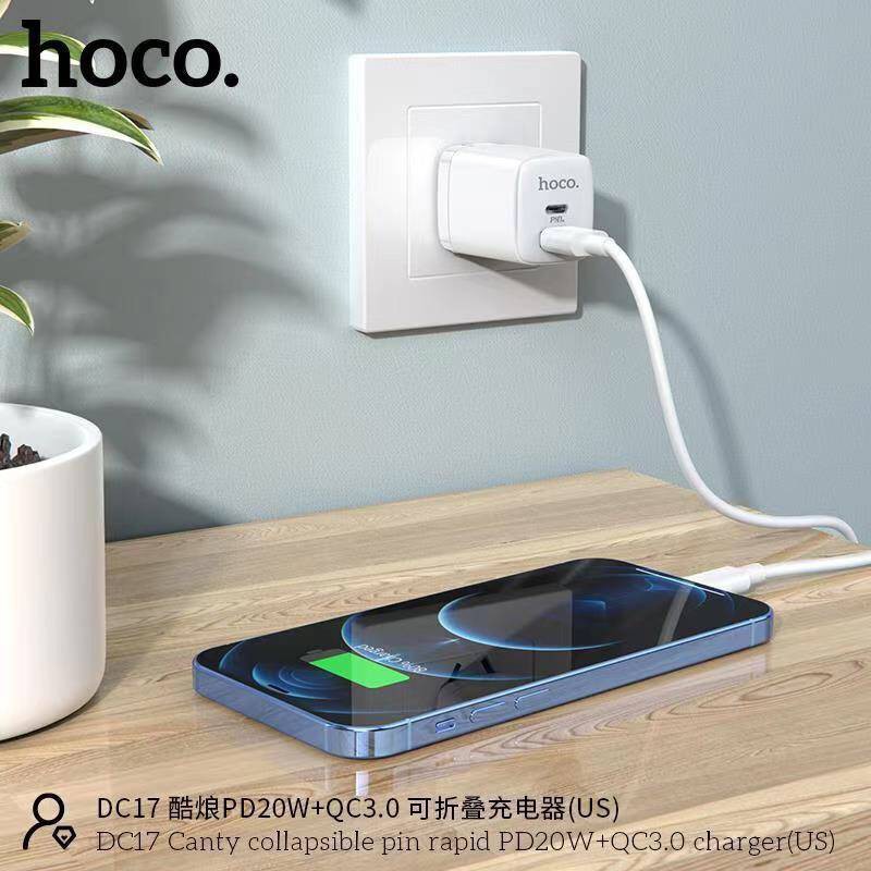 Củ sạc nhanh Hoco DC17 2 cổng kép ( Type-C + USB ) hỗ trợ PD 20W, sạc nhanh 3A, Quick Charger 3.0, chân cắm gấp gọn