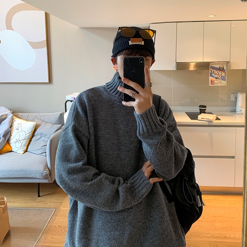 Áo sweater dệt kim dày dáng rộng tay dài cổ lọ màu trơn phong cách Hàn Quốc retro mùa đông cho nam