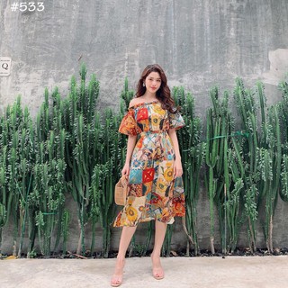 Hình thật Váy đầm boho vintage dáng xòe trễ bẹt hở vai họa tiết hoa lá thổ cẩm đi biển du lịch đẹp rẻ