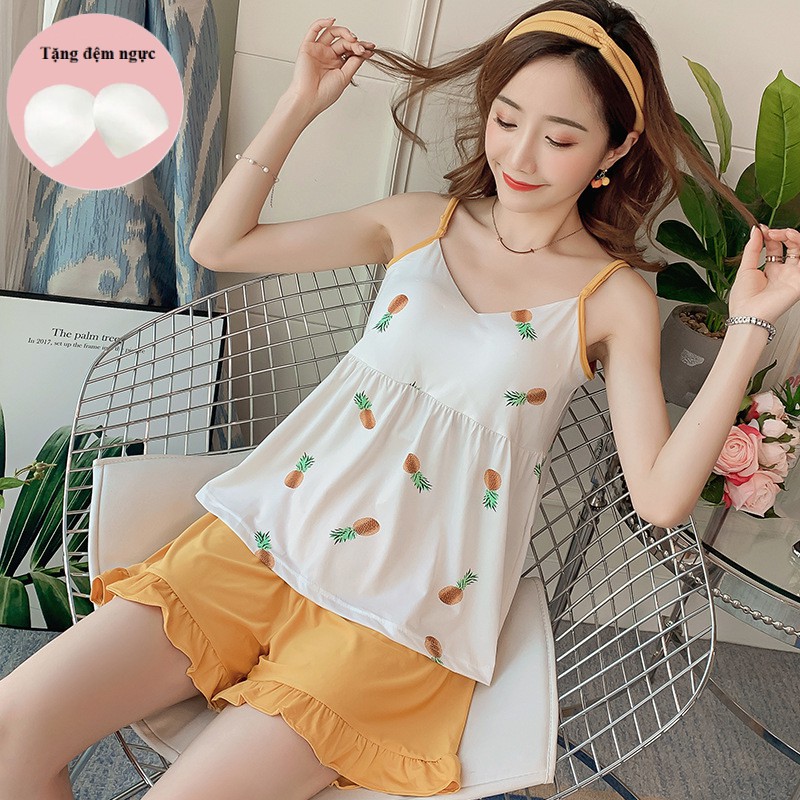 Bộ ngủ 2 dây cotton có lót đệm mút  ngực họa tiết cute mặc nhà phong cách hàn quốc B2DN01