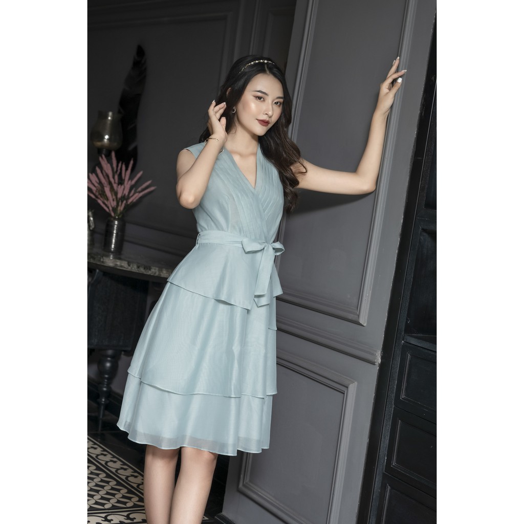 [Mã BMLT200 giảm đến 200K đơn 499K] Đầm xòe xếp tầng, sát nách, đai eo rời Emspo DS4060