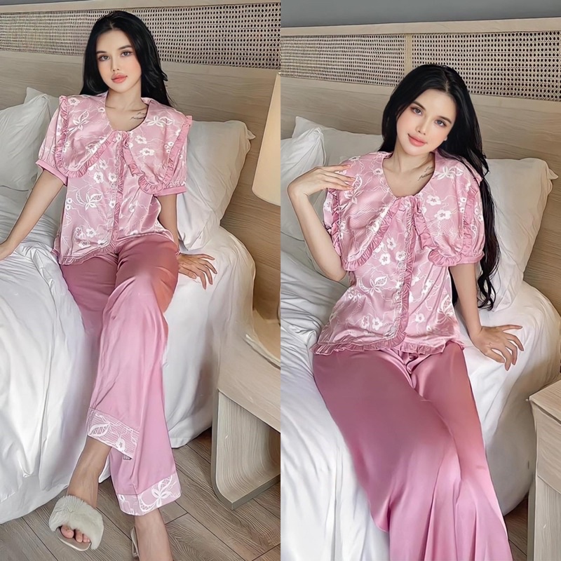 Set đồ ngủ lụa xước tiểu thư thiết kế QC siêu sang xịn