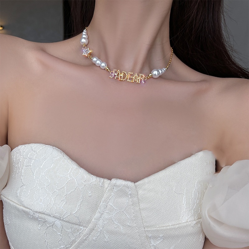 Vòng cổ Ngọc Trai Mặt Chữ Cái Sang Trọng Thời Trang Hàn Quốc Cao Cấp Cho Nữ