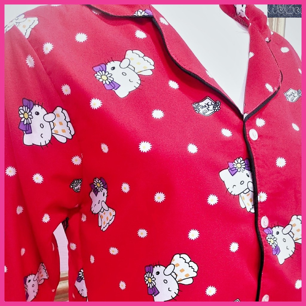 [FREESIZE] Đồ bộ mặc nhà Pijama HUGEE cao cấp vải Kate Thái loại 1 màu đỏ họa tiết Hello Kitty A001