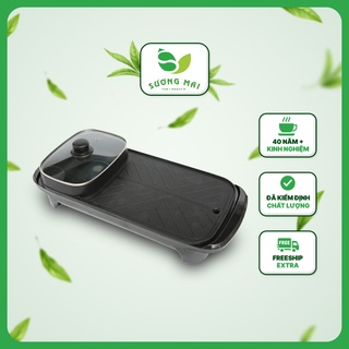 Bếp lẩu nướng 2in1 đa năng hongshuangxi sương mai 2 ngăn nắp kính tiện lợi chống dính cao cấp không khói dung tích 6l