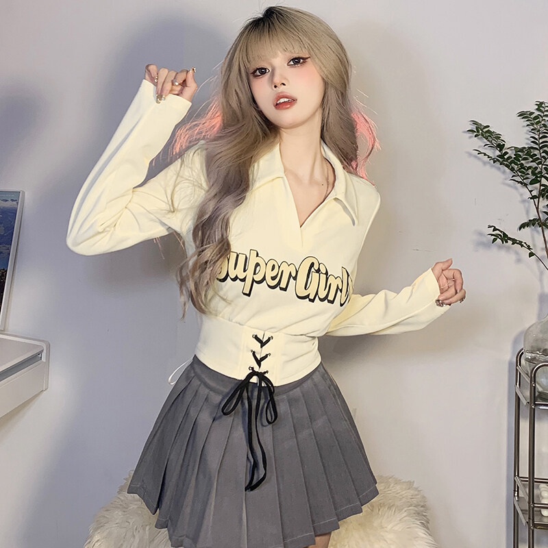 Kliou 2023 Mới Áo croptop tay dài KLIOU cổ chữ V in chữ thời trang mùa hè 2022 dành cho nữ