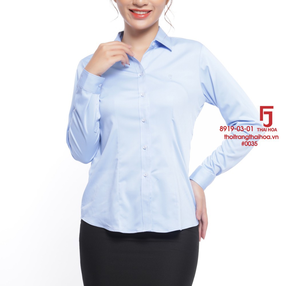 Áo sơ mi nữ dài tay đẹp kiểu công sở cao cấp màu xanh dương sợi tre Thái hoà 8919-03-01
