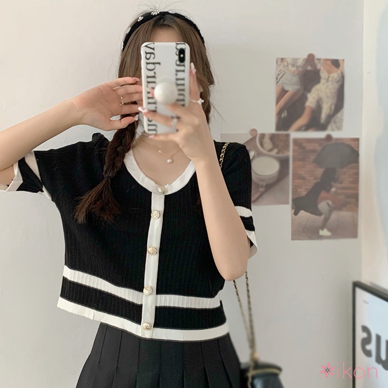 Áo Thun Ngắn Tay Cổ Tròn Màu Sắc Tương Phản Thời Trang Cho Nữ