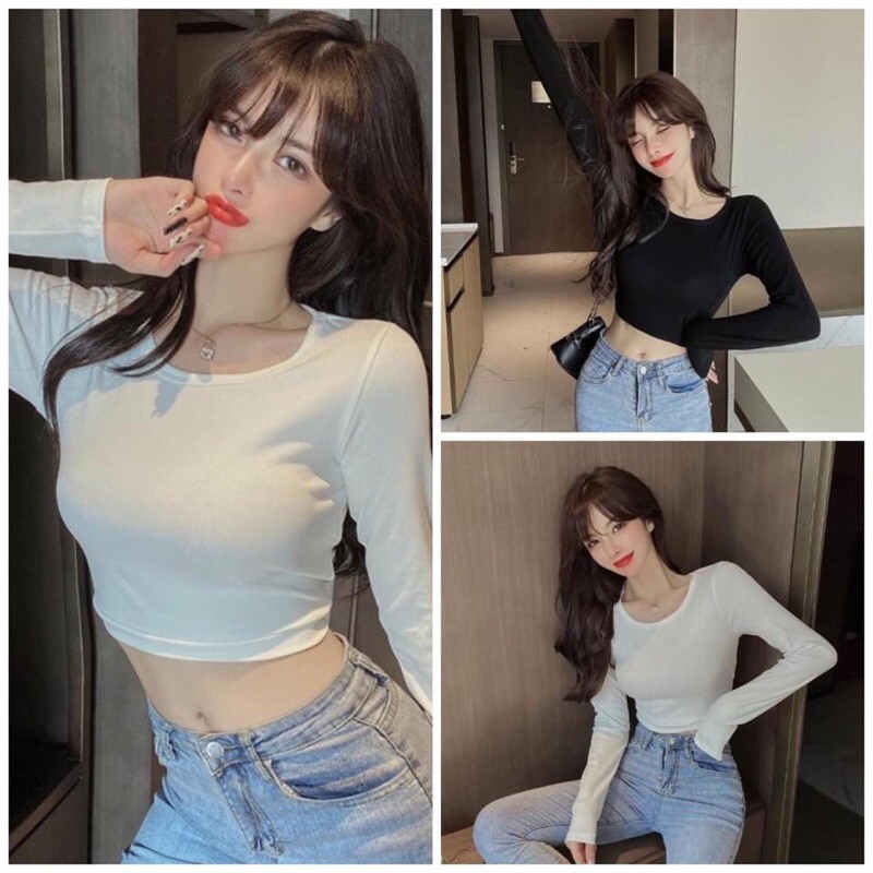 Áo croptop tay dài đang body cổ tròn