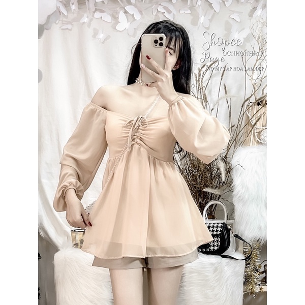 Set áo voan rút ngực phối quần short lưng thun sau lưng