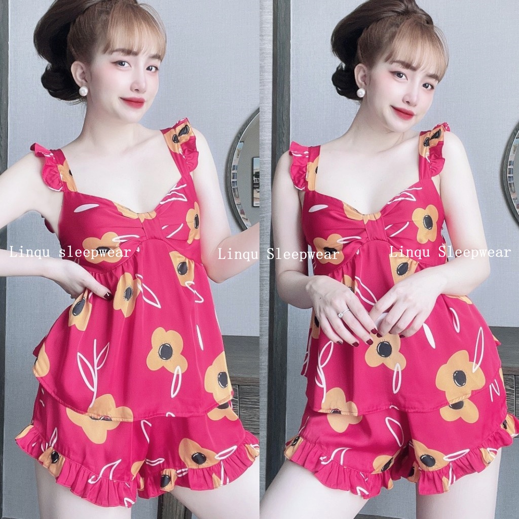 Đồ ngủ sexy 2 dây cánh tiên nhún nơ chất lụa latin mềm mịn, mát mẻ freesize 40-58kg - Linqustore
