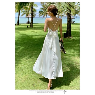 ĐẦM MAXI VÁY MAXI TRẮNG ĐAN DÂY HỞ LƯNG NƠ SAU ĐI BIỂN