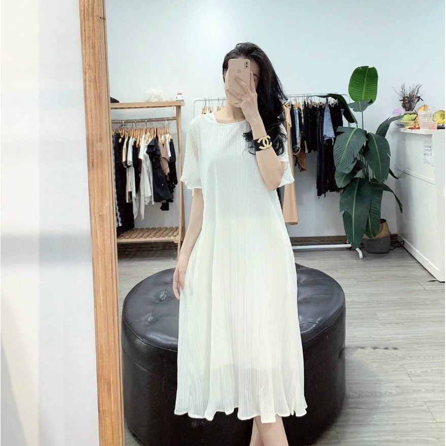 Váy xếp li chất voan lụa mềm mát dáng suông bầu bí bon chen thoải mái nhé - Đầm voan xếp li hàng thiết kế siêu xinh