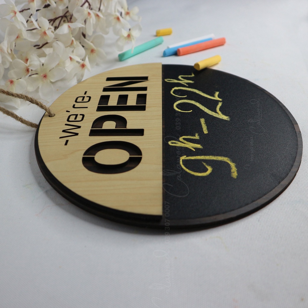 Bảng gỗ 🏠🏡OPEN CLOSE hình tròn🏠🏠Bảng Decal viết phấn 2 mặt có dây treo trang trí quán, cửa hàng...