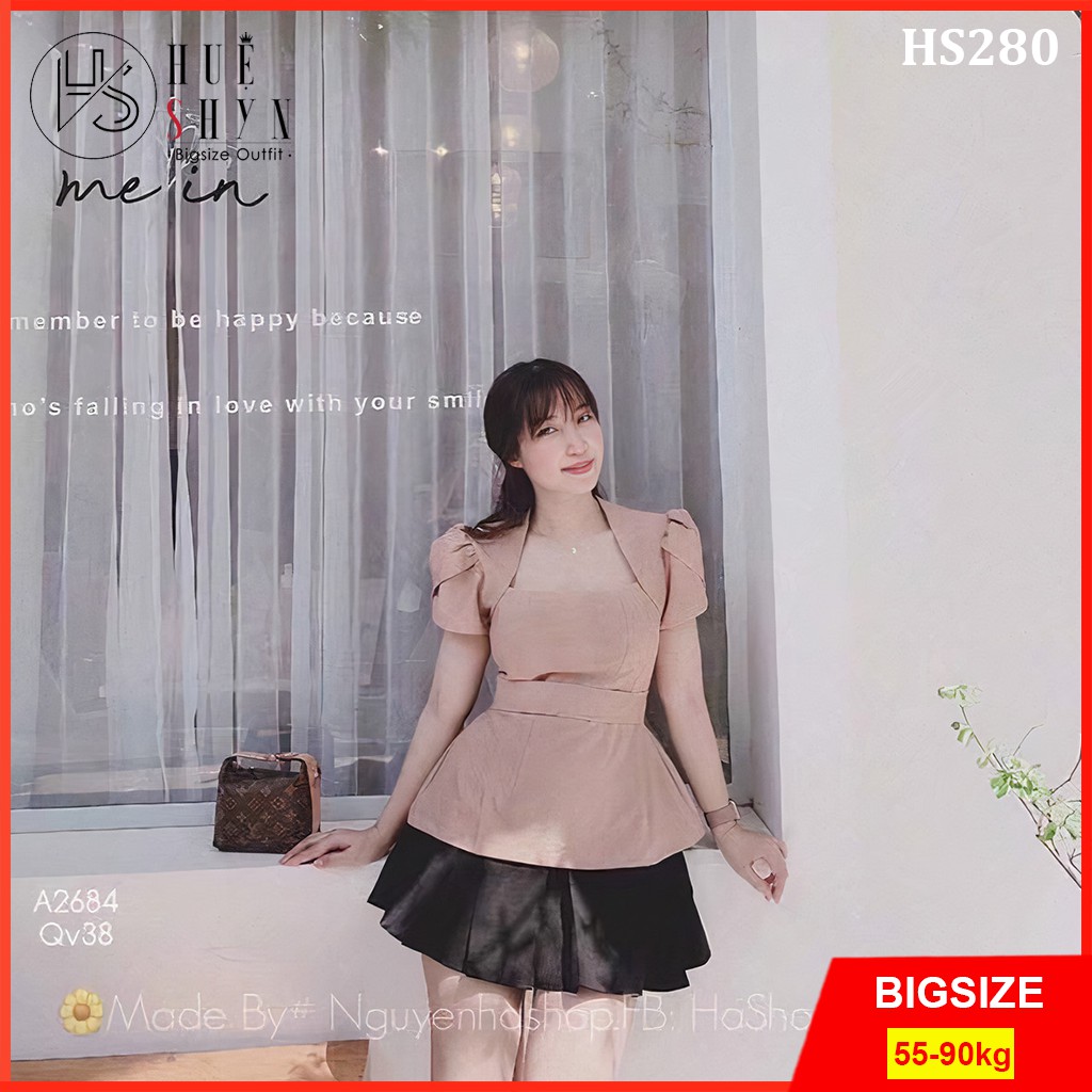 Áo kiểu bigsize nữ - Dáng áo peplum bigsize tay xếp HS280 - Đi chơi, công sở - Màu Đen, Nude - Size 55-90kg L XL XXL