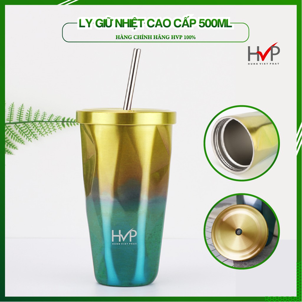 Ly giữ nhiệt HVP làm bằng thép không gỉ 304  Hàng chính hãng HVP Ly giữ nhiệt cao cấp tặng kèm ống hút inox _500ml