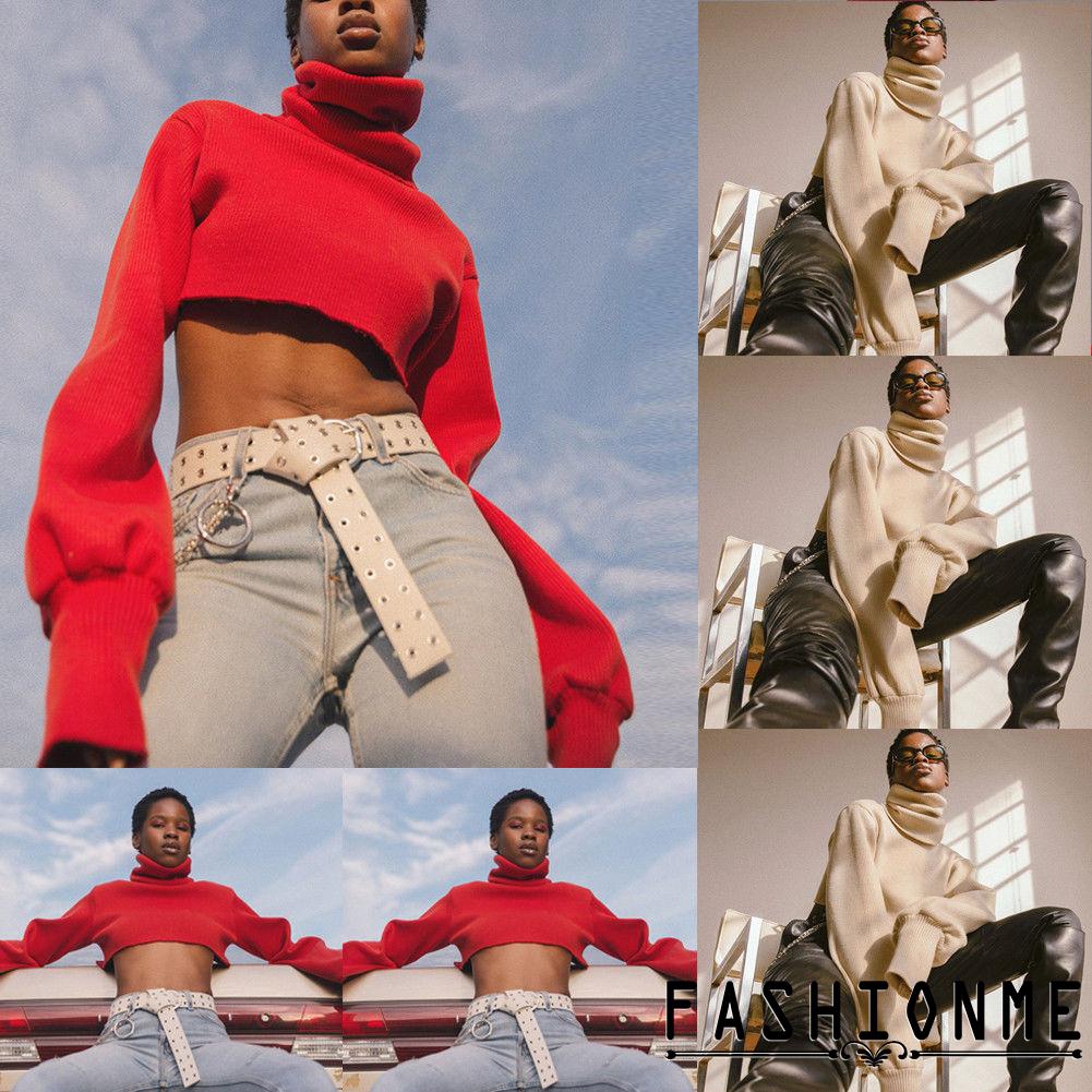 Áo len ngắn hở rốn tay dài cổ lọ thời trang cho nữ | BigBuy360 - bigbuy360.vn