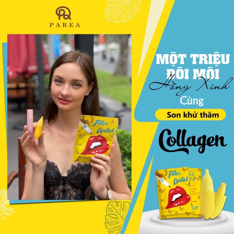 Son Filler Collagen Chuối Khử Thâm Parea cùng son màu Chu Lipstick, giúp môi căng mọng hồng hào