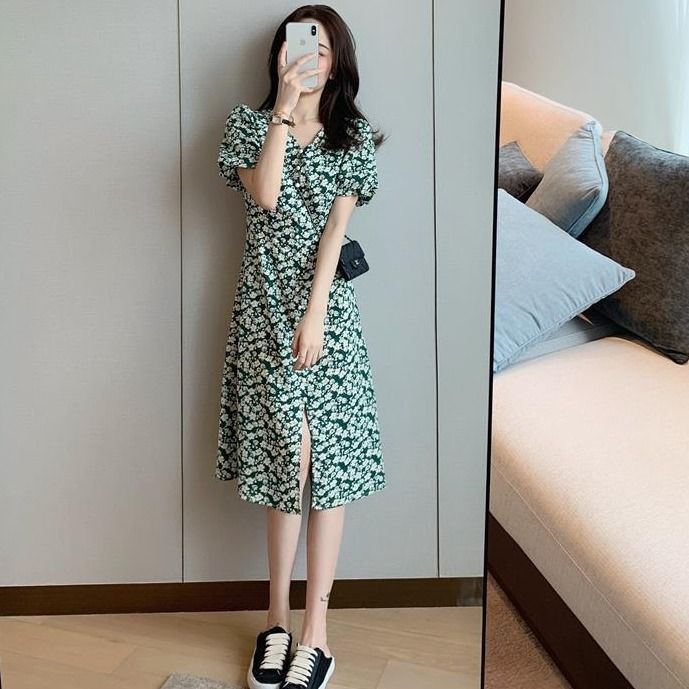 Đầm dáng ngắn/ dáng dài trung bình họa tiết hoa ôm eo cho nữ
