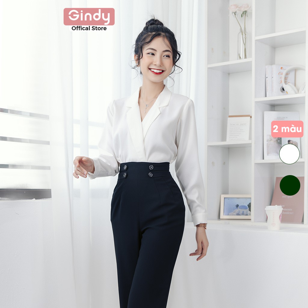 Áo sơ mi lụa nữ công sở GINDY sơmi trơn cổ chéo dáng suông basic trơn thời trang thu đông 2023 Hàn Quốc A032