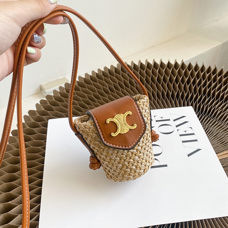 Bán Sỉ Túi cói Vai mini Mùa Hè Mới Arc de Triomphe Bằng Rơm Màu Đỏ Đựng Tai Nghe Cho Nữ