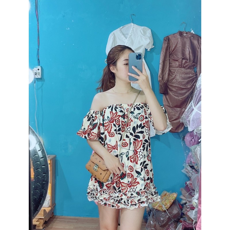 Đầm suông hoa béo trệt vai ( hình thật) | BigBuy360 - bigbuy360.vn