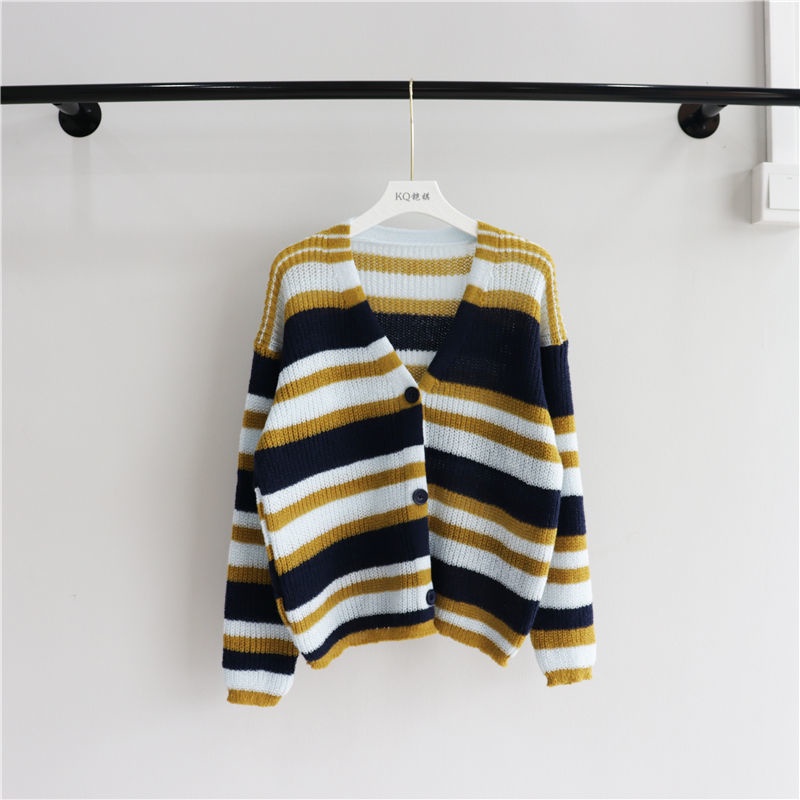 Áo cardigan Dệt Kim Tay Dài Cổ Chữ v Dáng Rộng Màu Sắc Tương Phản Phong Cách Hàn Quốc