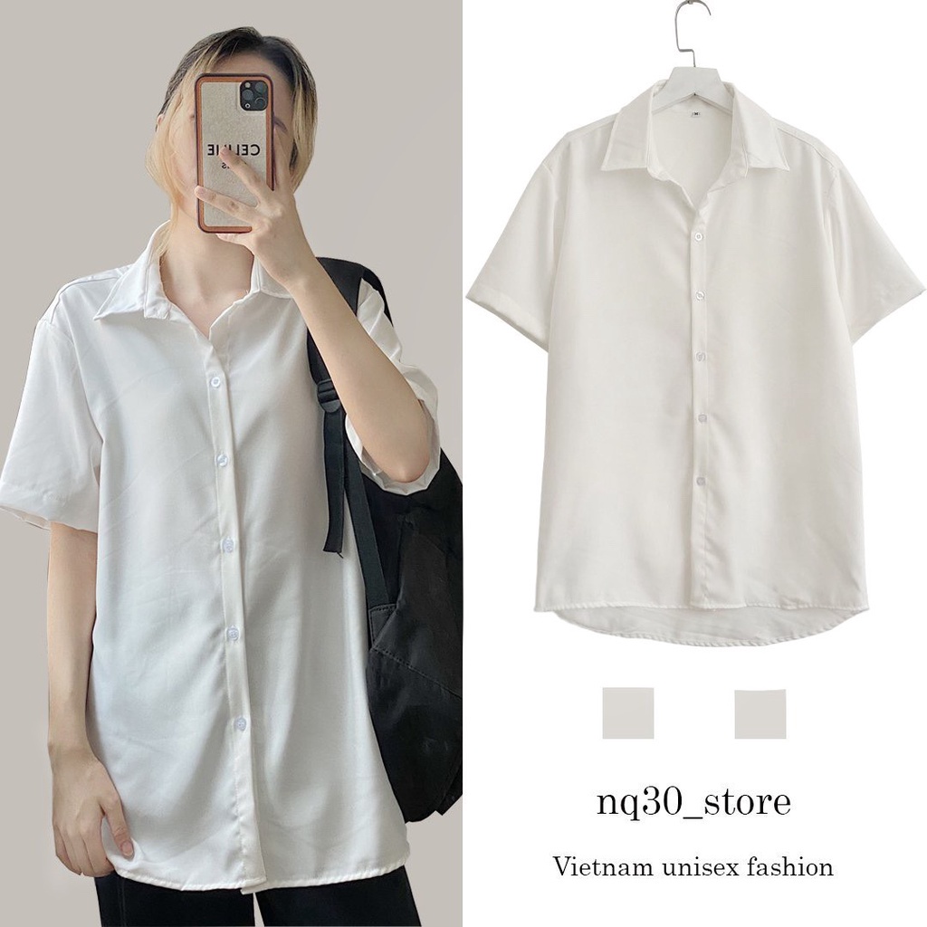 Áo Sơ Mi Trơn Tay Ngắn Form Rộng Trắng Nam Nữ Unisex - Hàng nhập khẩu
