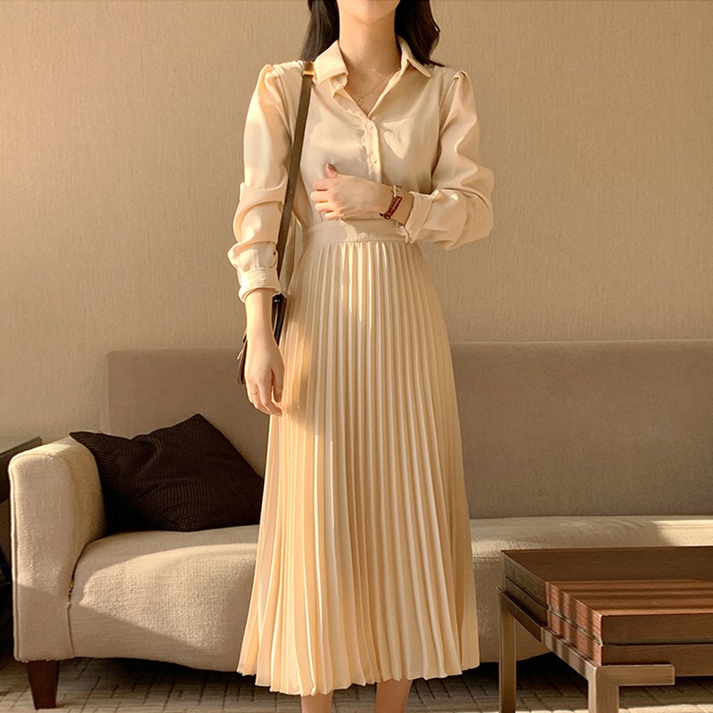 Đầm sơ mi chic dài tay dáng xòe xếp ly màu quả mơ Hàn Quốc