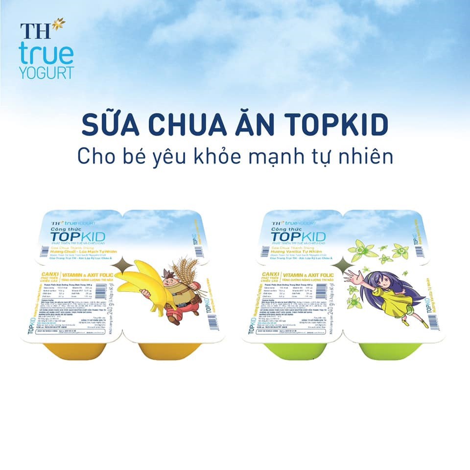 Sữa chua ăn Thanh trùng Topkid Hương Vanilla, Hương Chuối Hộp 60g (Lốc 4 hộp)