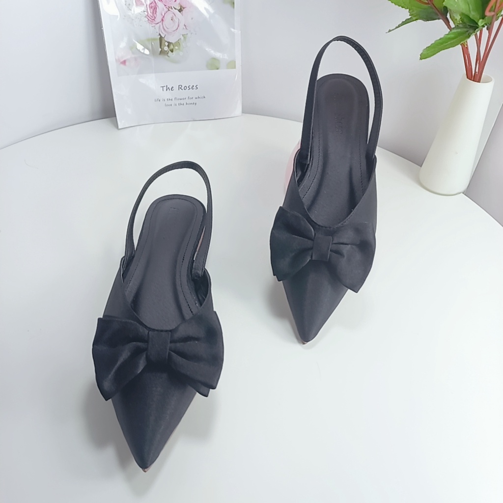 Giày nữ slingback thắt nơ lụa satin thanh lịch hè 2022-giày bệt nữ mũi nhọn mẫu mới bền đẹp giá tốt mã SLNGBACK