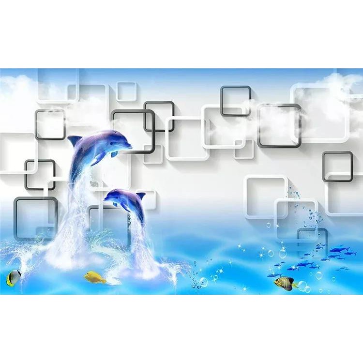 Combo giấy dán tường ô vuông và chú cá heo.aqa