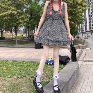 [Có Sẵn ]  Đầm 2 dây kẻ caro