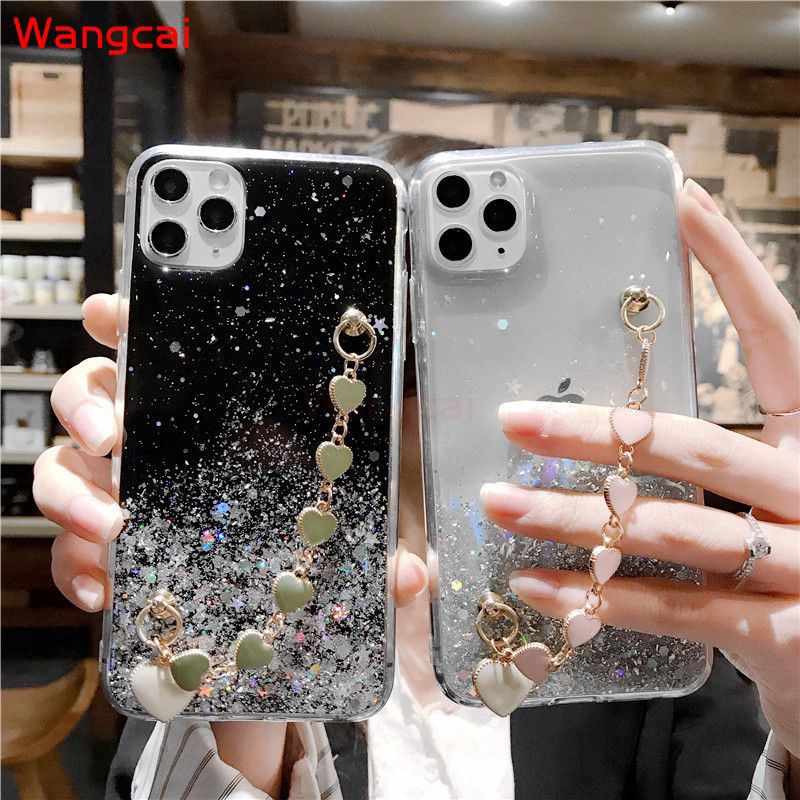 Ốp điện thoại kim tuyến có dây đeo hình trái tim cho iPhone 11 Pro Max XS Max XR X7 8 6 6s Plus