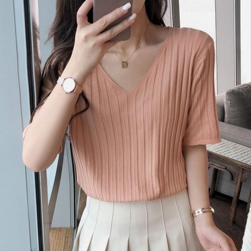 Sợi Lạnh Sọc Dọc Tay NgắnTÁo Sơ Mi Phụ Nữ Hàn Quốc Lỏng Lẻo Áo Sơ Mi DệT Kim Bên Trong Áo Sơ Mi