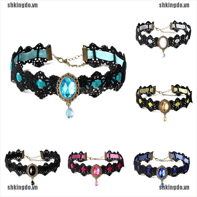 Vòng Cổ Choker Dây Nhung Đen Đính Đá Pha Lê Phong Cách Gothic