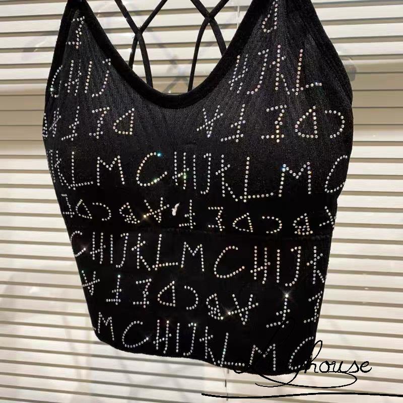 Áo Hai Dây Ôm Dáng In Chữ Đính Đá Có Đệm Ngực Gợi Cảm Cho Nữ