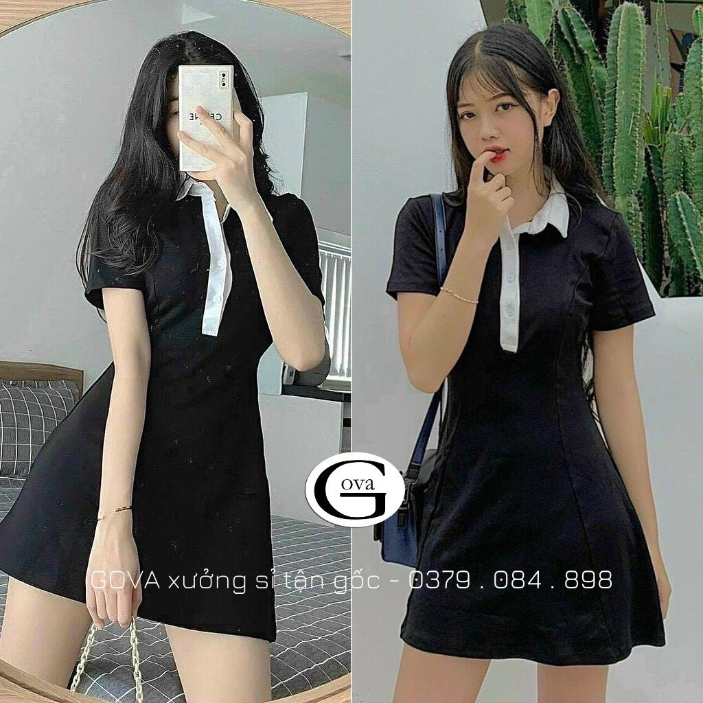 Đầm Váy CỔ POLO Phối Trắng Dáng Xoè Thun Borip Ôm Đẹp GOVA