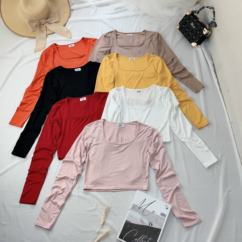Áo croptop cổ vuông tay dài basic chất thun lụa mỏng mát, Áo thun nữ cơ bản - Luvie