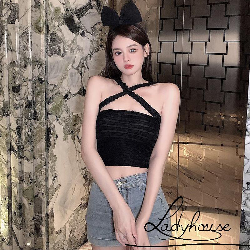 Áo Croptop Không Tay Hở Lưng Màu Trơn Họa Tiết Kẻ Sọc Cho Nữ