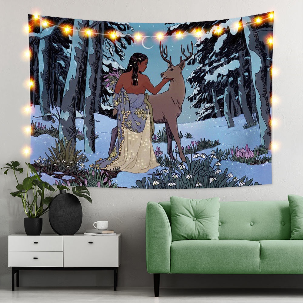 Nordic-Styleins Tiger Girl Fresh Illustration Bedroom Decoration Cloth Tapestry Background Cloth Mural