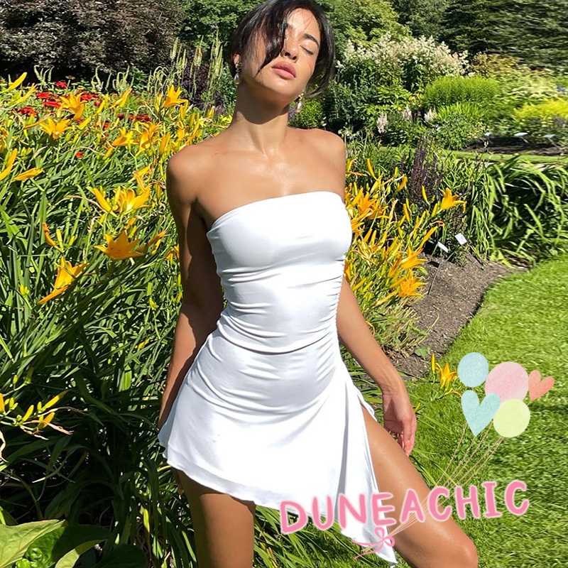 DUNEA Đầm trễ vai phối dây rút xẻ tà quyến rũ thời trang dành cho nữ