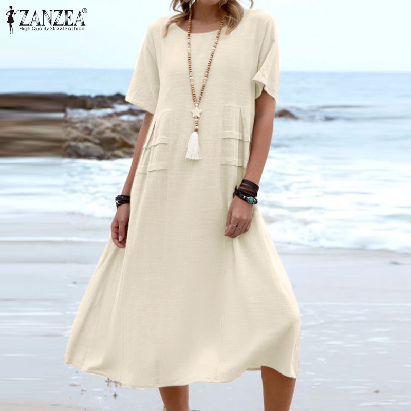 Đầm dài ZANZEA cổ tròn tay ngắn xếp ly thời trang cho nữ