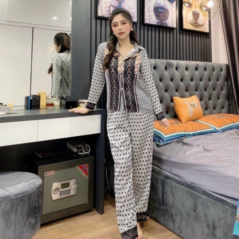 Đồ bộ pijama, bộ lụa satin dài tay viền bèo tiểu thư hoạ tiết gấu xinh