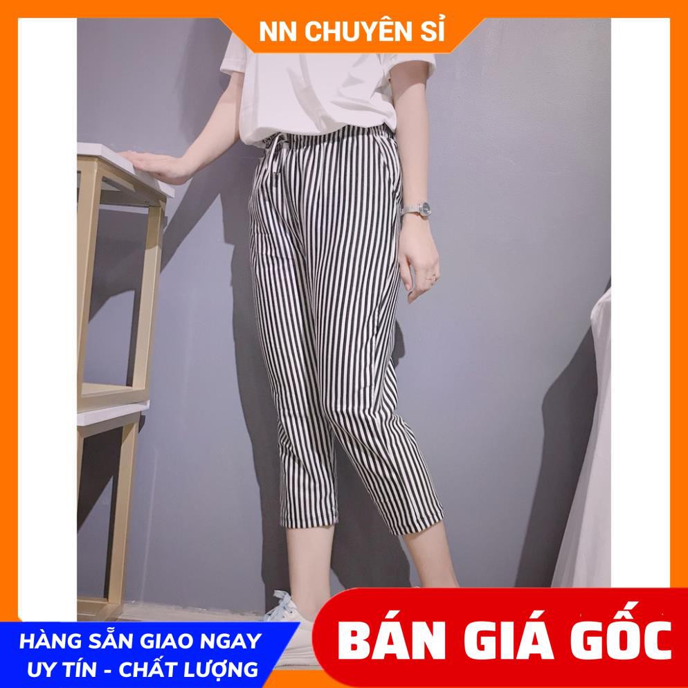 Quần Baggy nữ lưng cao Vải Thun mềm mịn mát co giãn tốt in hoạt tiết sọc thời trang