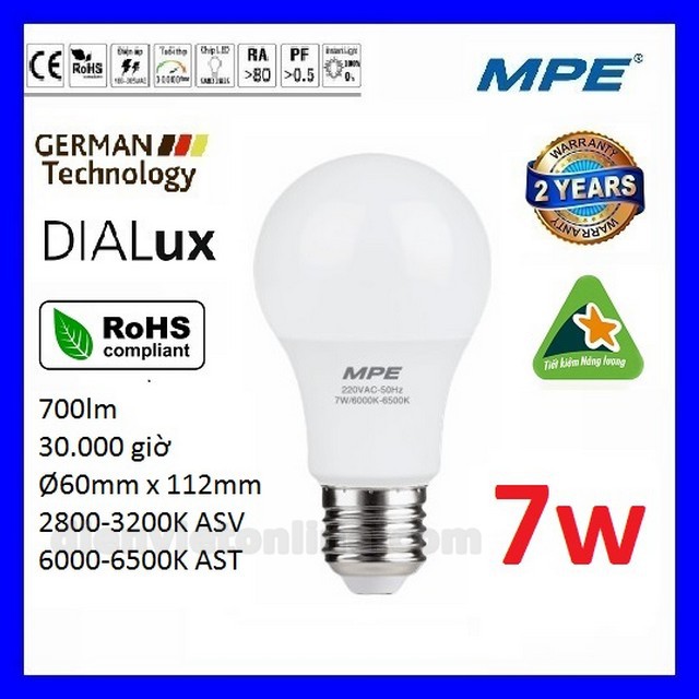 Bóng led bulb 7W chống thấm cao cấp MPE LBD3-7  - Điện Việt